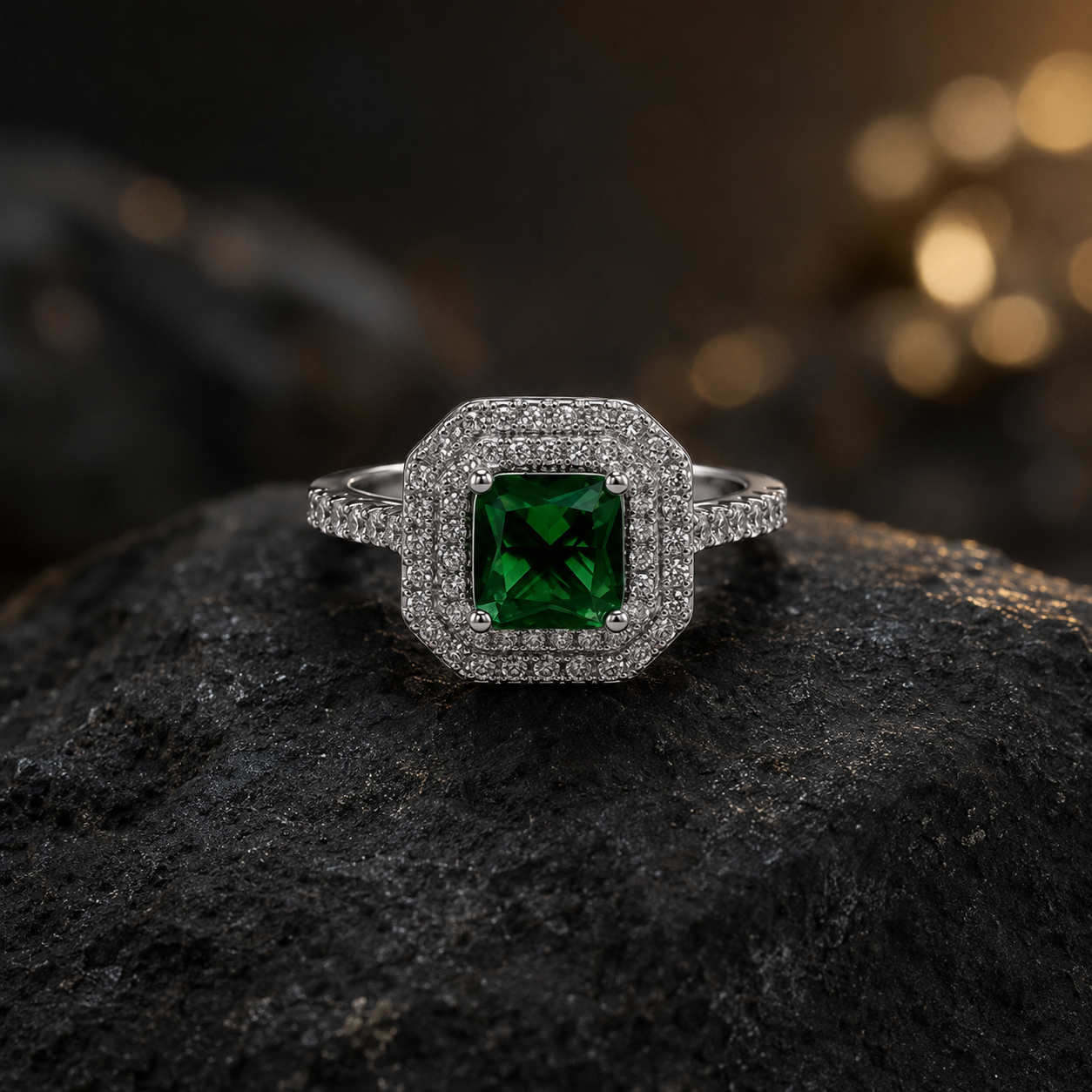 Royal Emerald Double Halo 925 Silver Ring