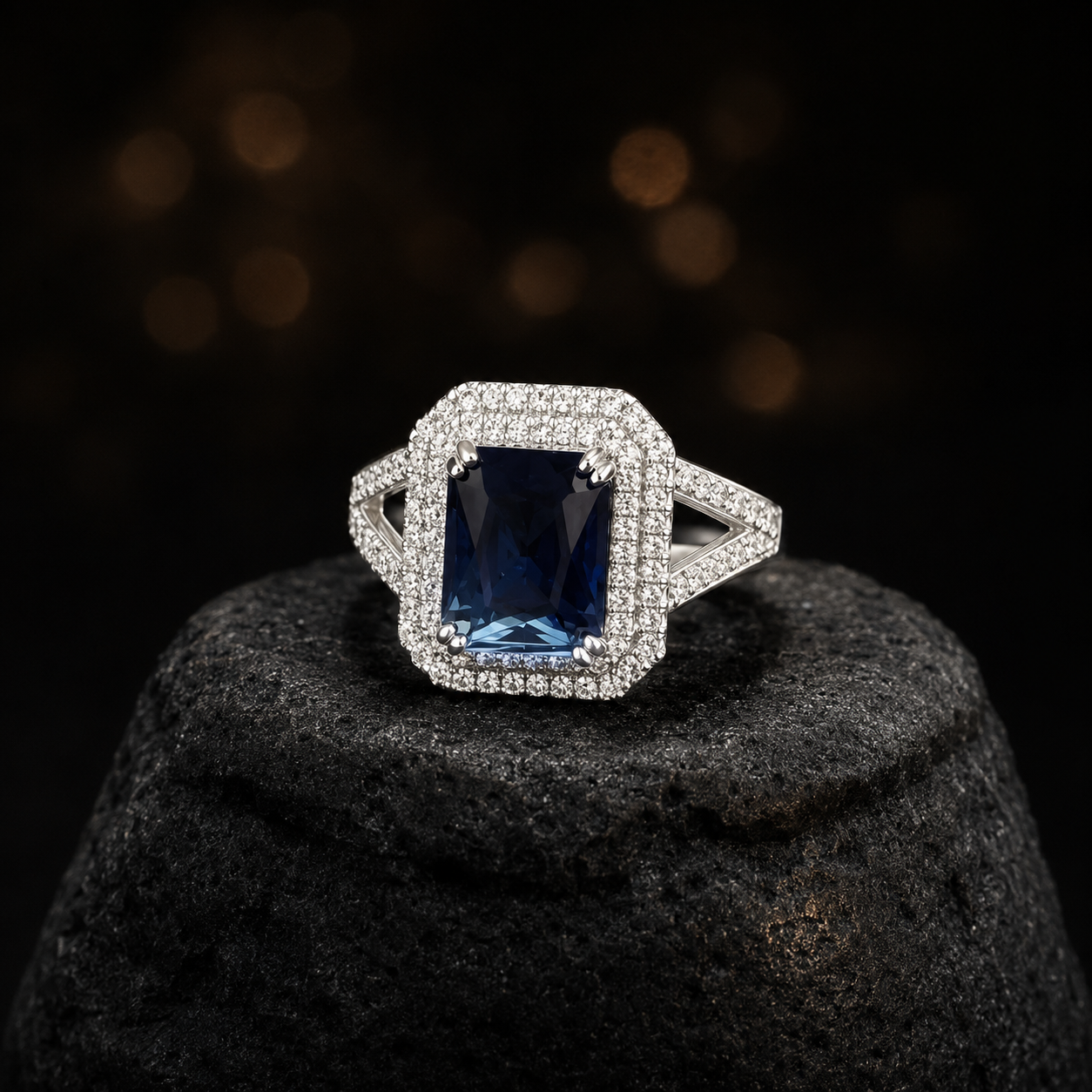 Royal Blue Sapphire Halo 925 Silver Ring